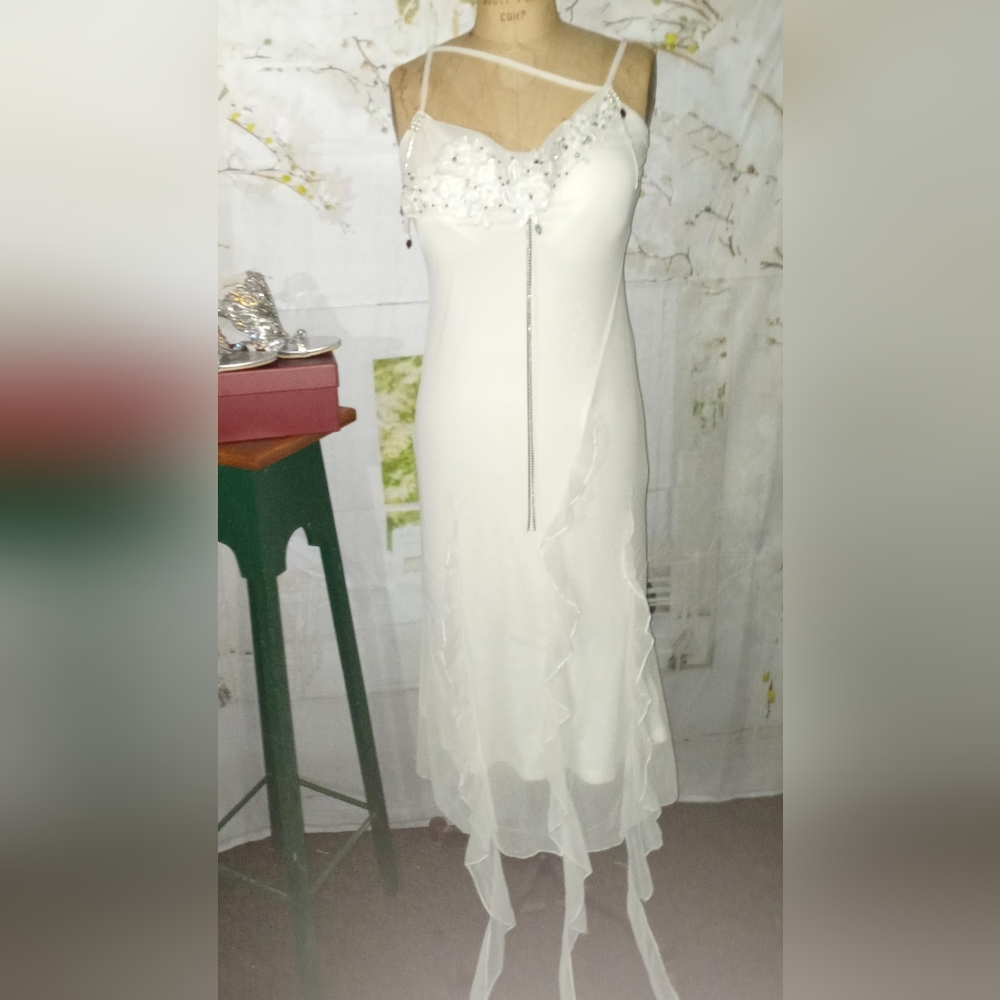 Ivory Mesh Dresses with Rhinestone, Lace, Blue Irridescent Crystal & Ruffles